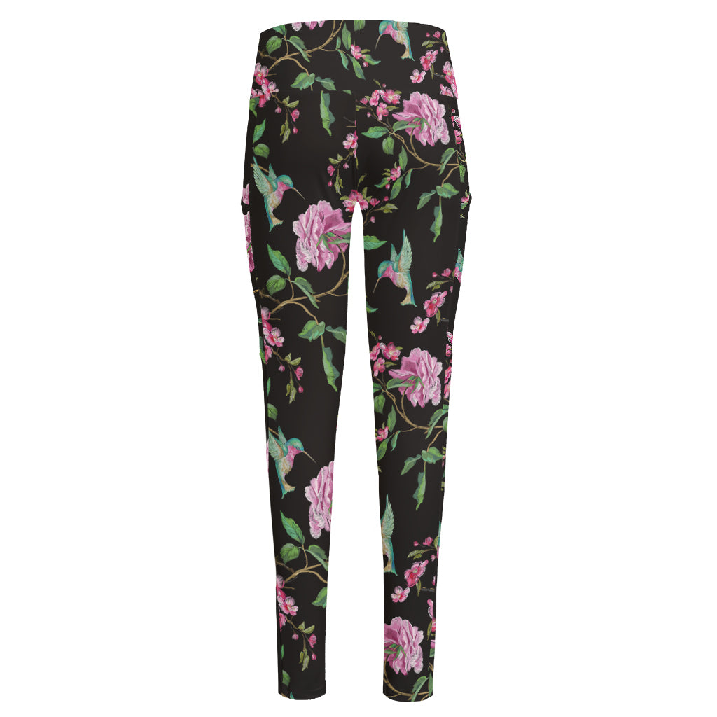 Vintage Floral Hummingbird Print High-Waisted Pocket Leggings