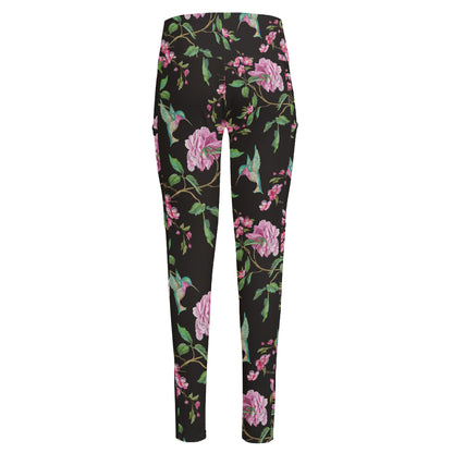 Vintage Floral Hummingbird Print High-Waisted Pocket Leggings