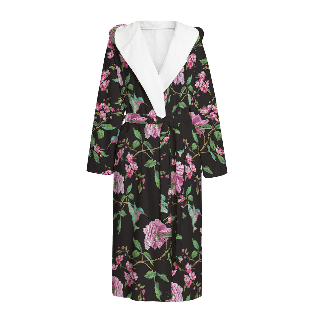 Vintage Floral Hummingbird Print Hooded Bathrobe