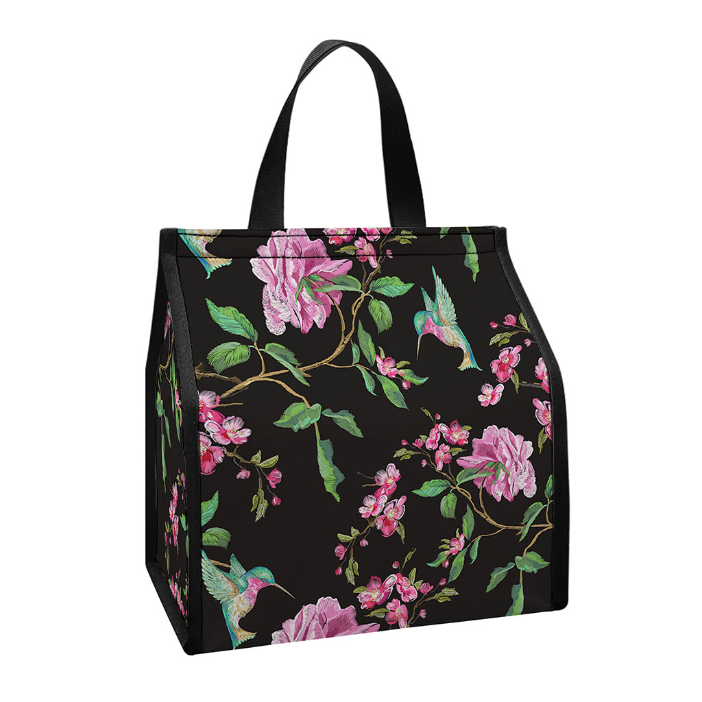Vintage Floral Hummingbird Print Insulated Lunch Tote