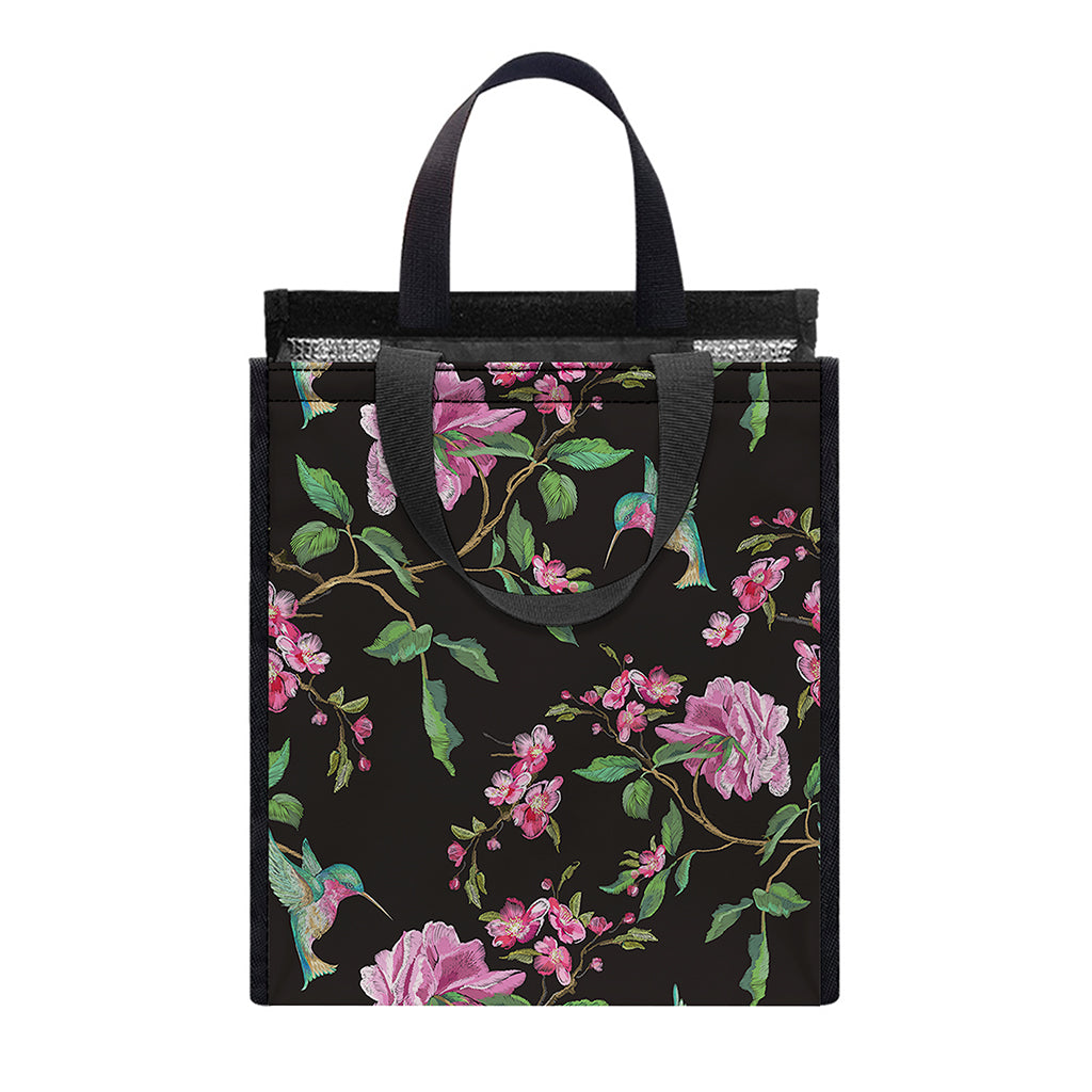 Vintage Floral Hummingbird Print Insulated Lunch Tote