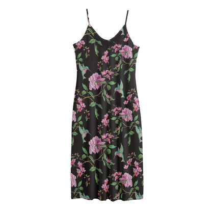 Vintage Floral Hummingbird Print Jersey Midi Cami Dress