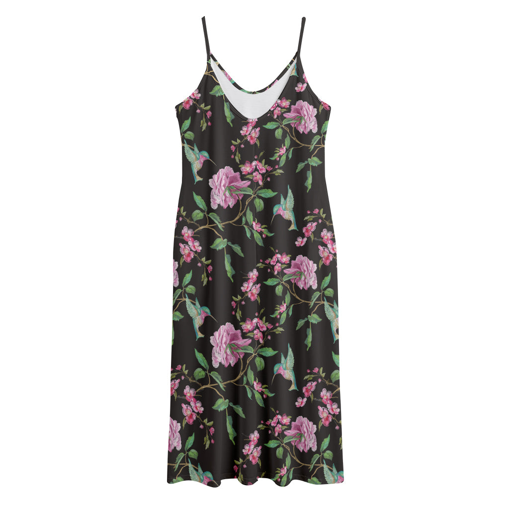 Vintage Floral Hummingbird Print Jersey Midi Cami Dress