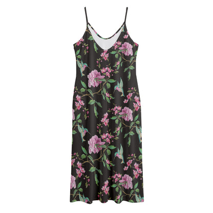 Vintage Floral Hummingbird Print Jersey Midi Cami Dress