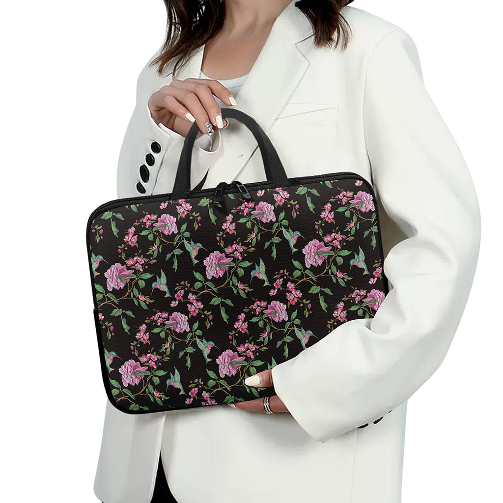 Vintage Floral Hummingbird Print Laptop Sleeve With Handle