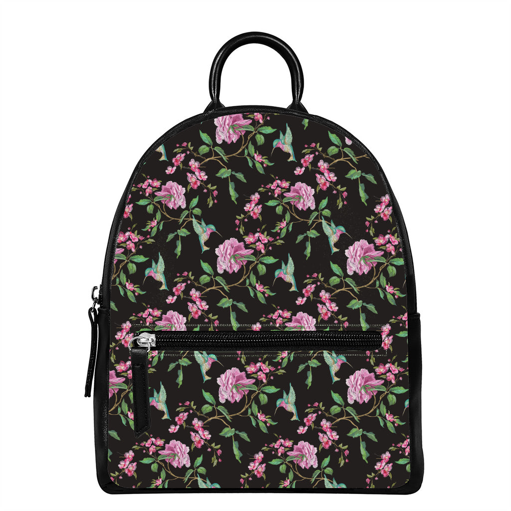 Vintage Floral Hummingbird Print Leather Backpack