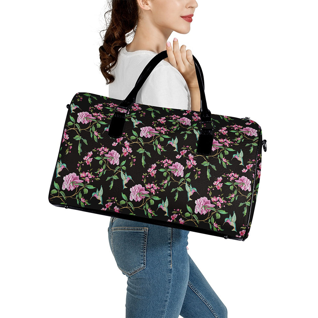 Vintage Floral Hummingbird Print Leather Duffle Bag