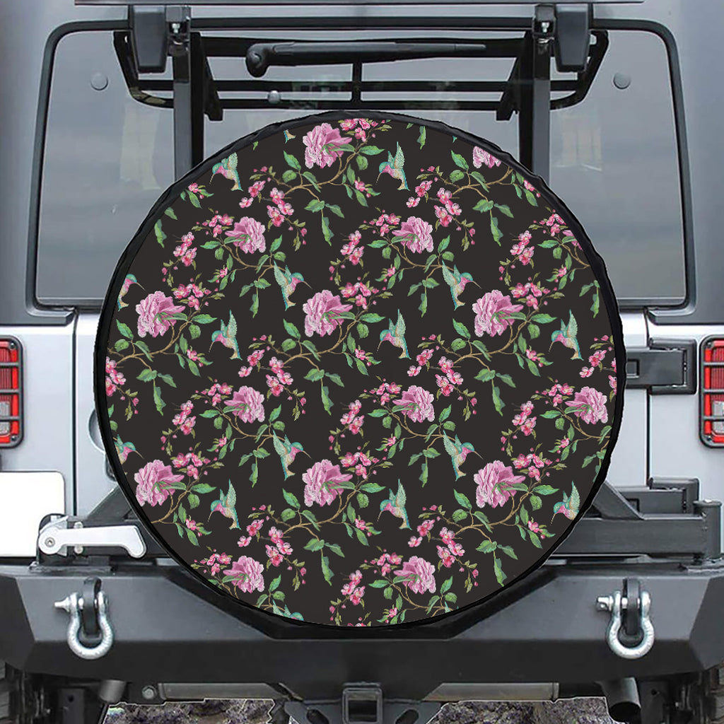 Vintage Floral Hummingbird Print Leather Spare Tire Cover