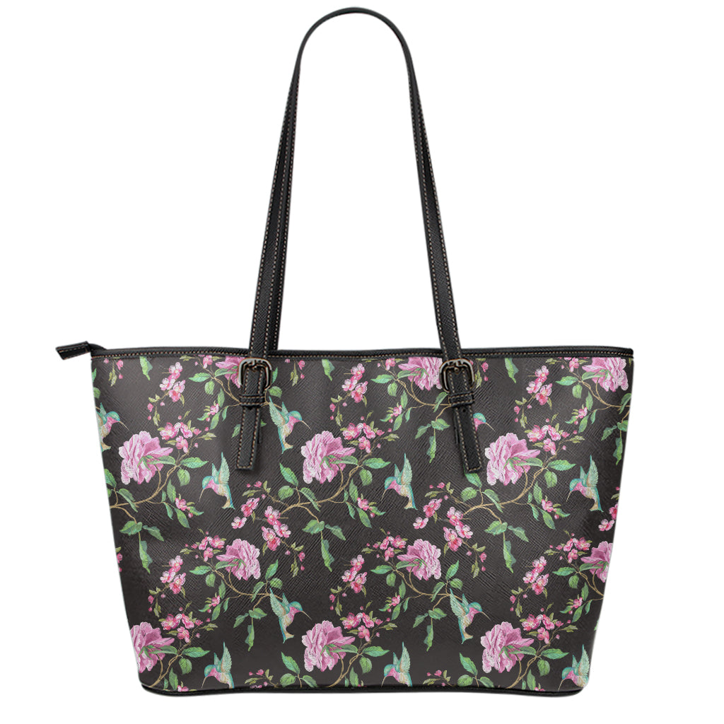 Vintage Floral Hummingbird Print Leather Tote Bag