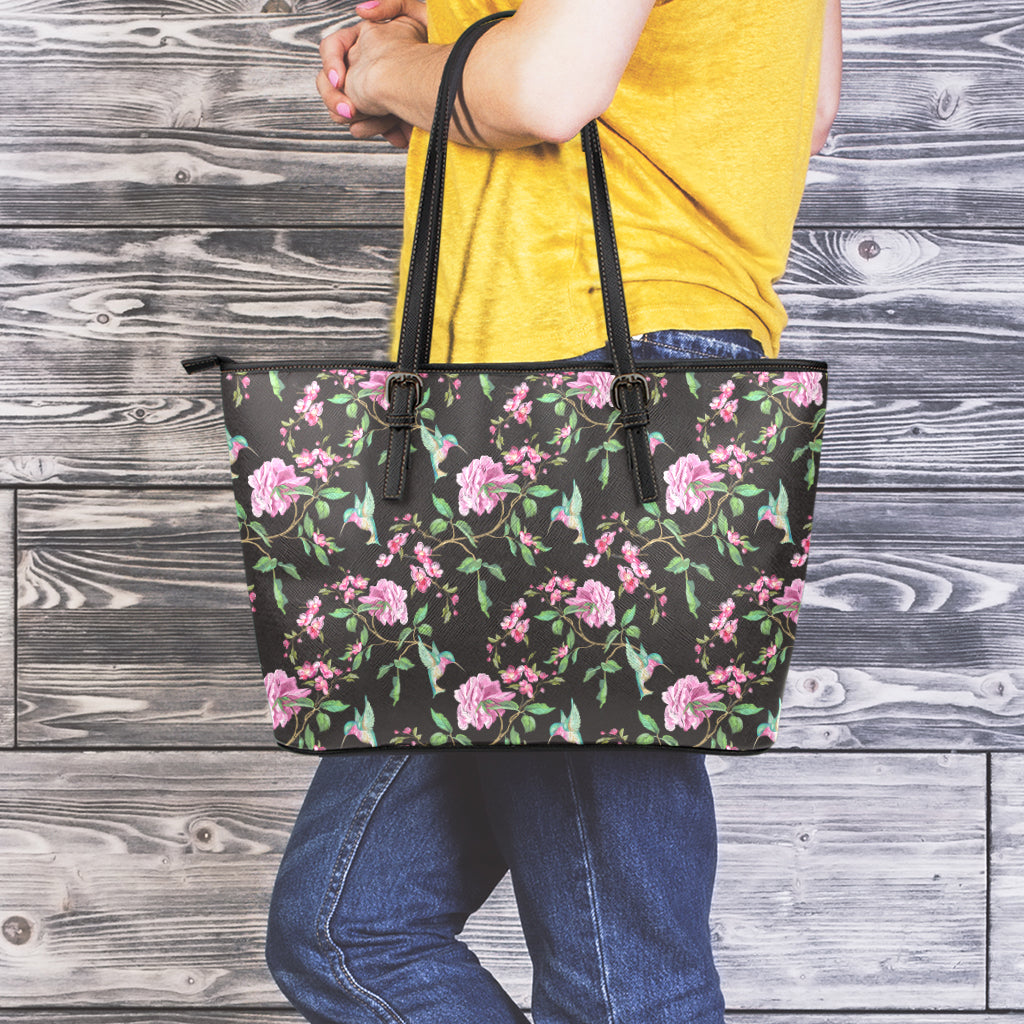 Vintage Floral Hummingbird Print Leather Tote Bag