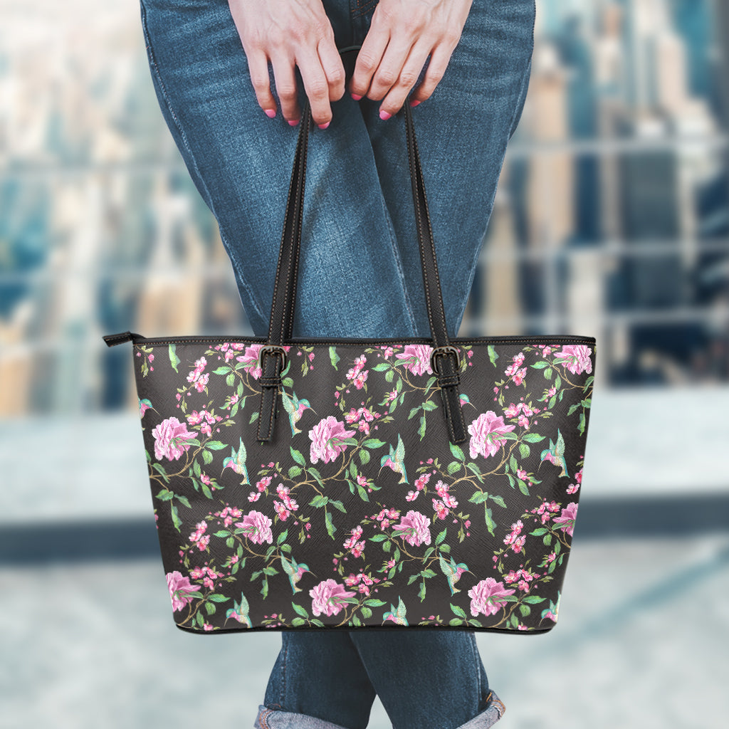 Vintage Floral Hummingbird Print Leather Tote Bag