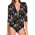 Vintage Floral Hummingbird Print Long Sleeve Swimsuit
