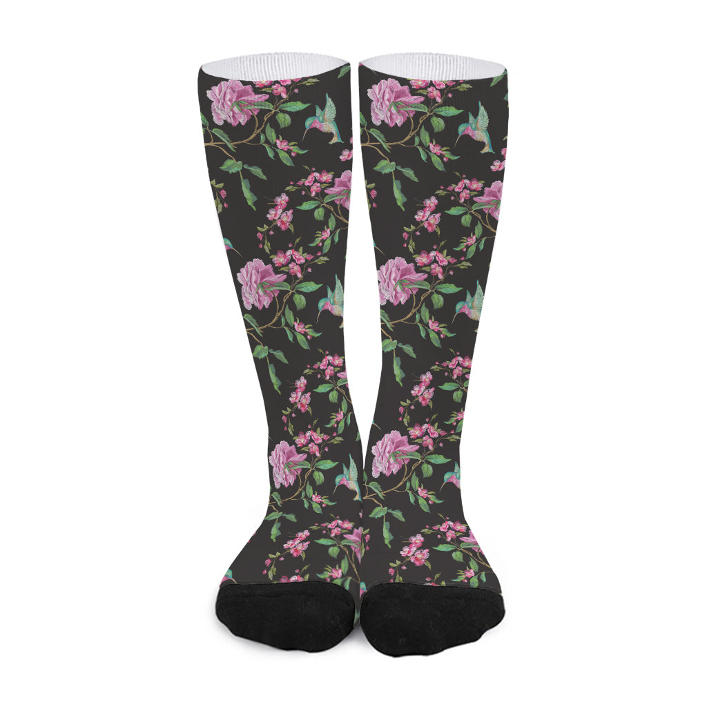 Vintage Floral Hummingbird Print Long Socks