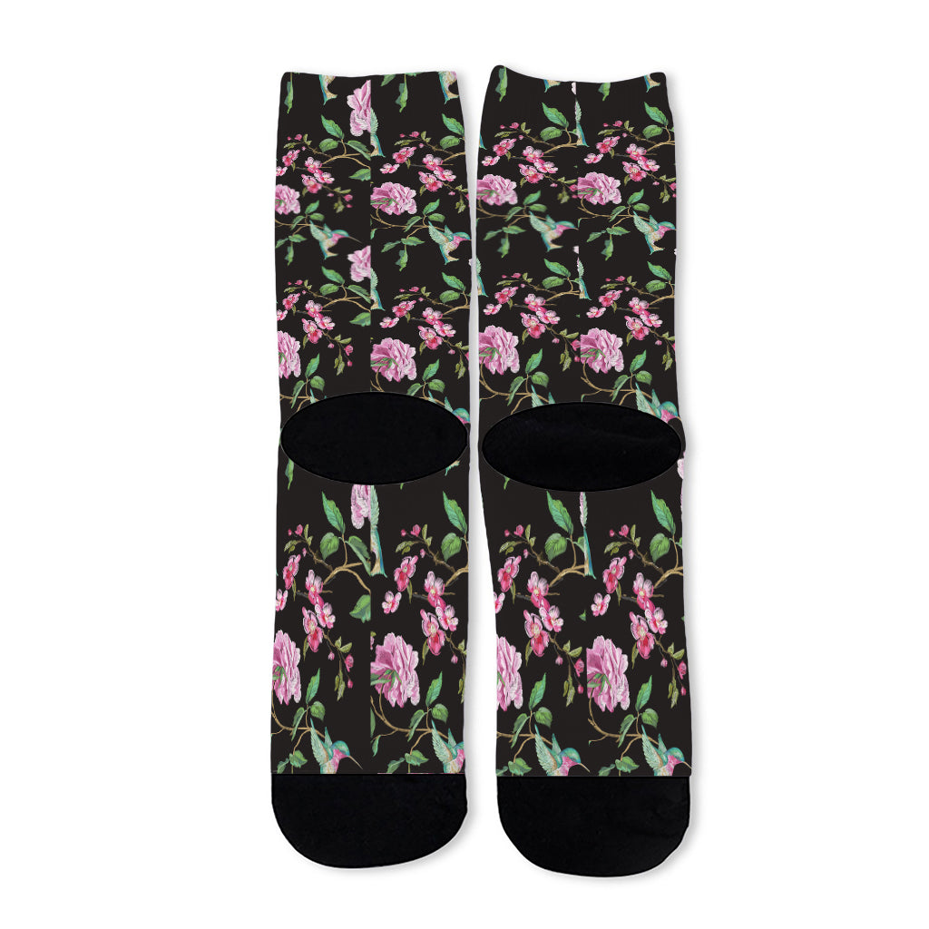 Vintage Floral Hummingbird Print Long Socks