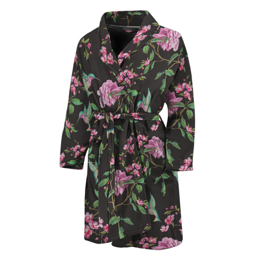Vintage Floral Hummingbird Print Men's Bathrobe
