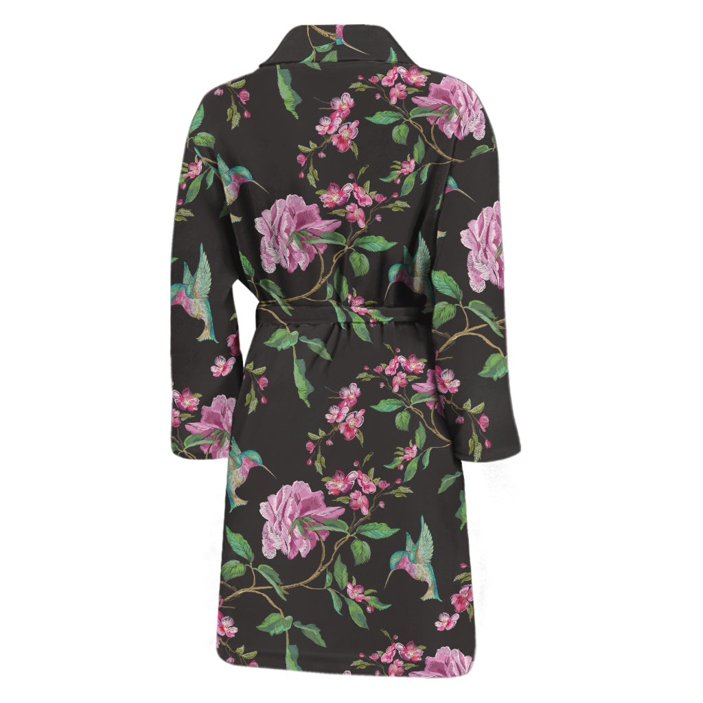 Vintage Floral Hummingbird Print Men's Bathrobe