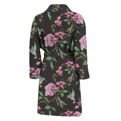 Vintage Floral Hummingbird Print Men's Bathrobe