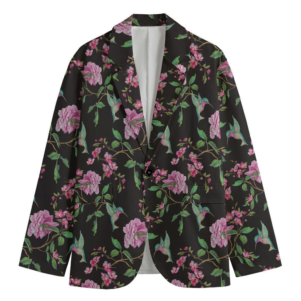 Vintage Floral Hummingbird Print Men's Cotton Blazer
