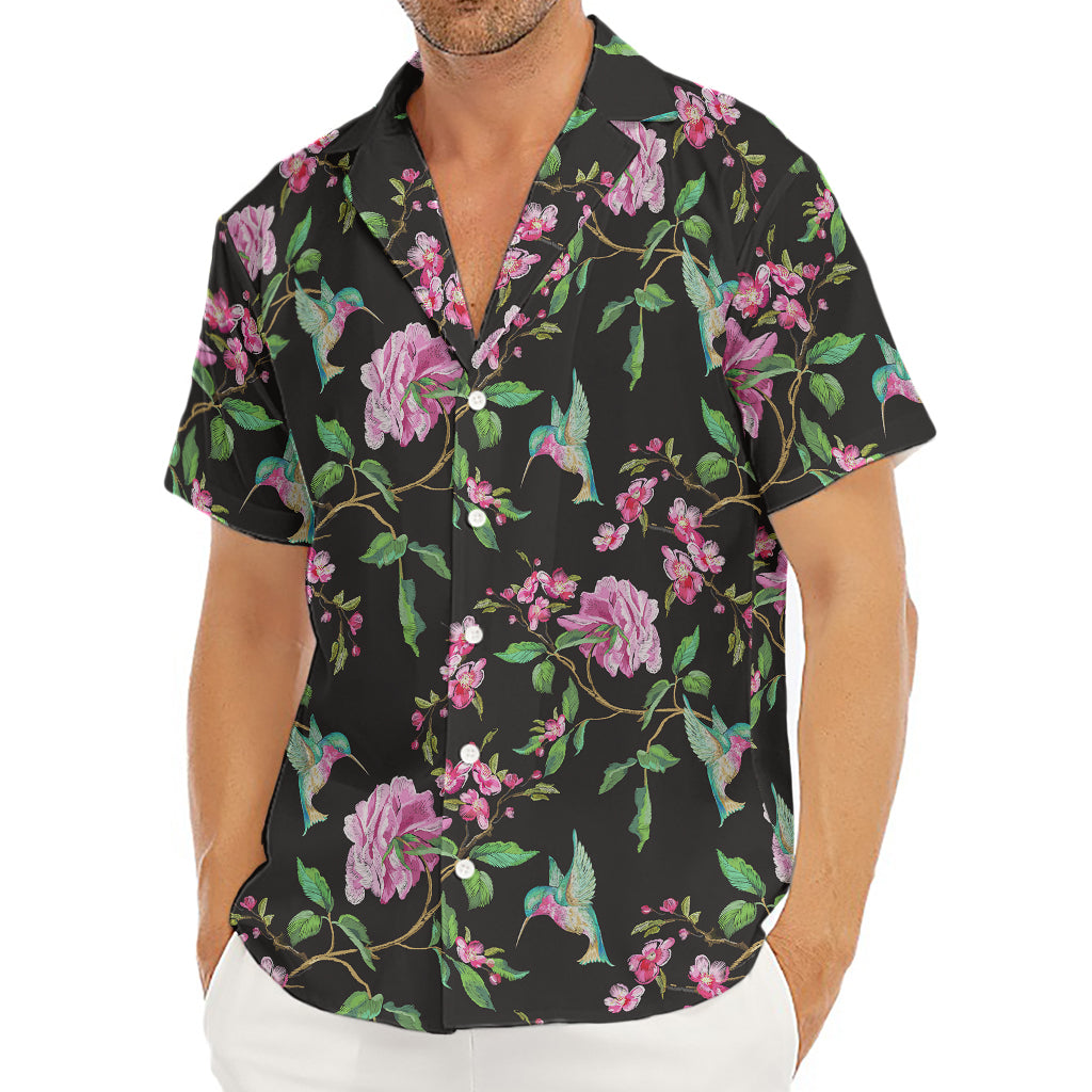 Vintage Floral Hummingbird Print Men's Deep V-Neck Shirt