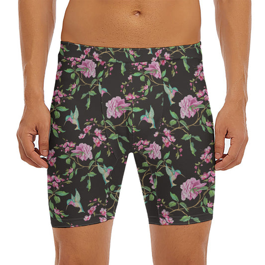 Vintage Floral Hummingbird Print Men's Long Boxer Briefs