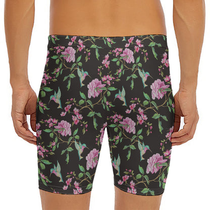 Vintage Floral Hummingbird Print Men's Long Boxer Briefs