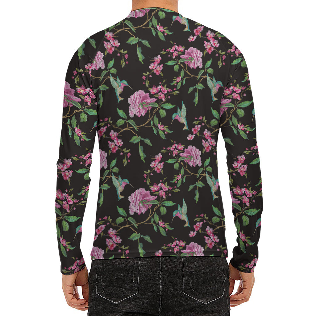 Vintage Floral Hummingbird Print Men's Long Sleeve Rash Guard