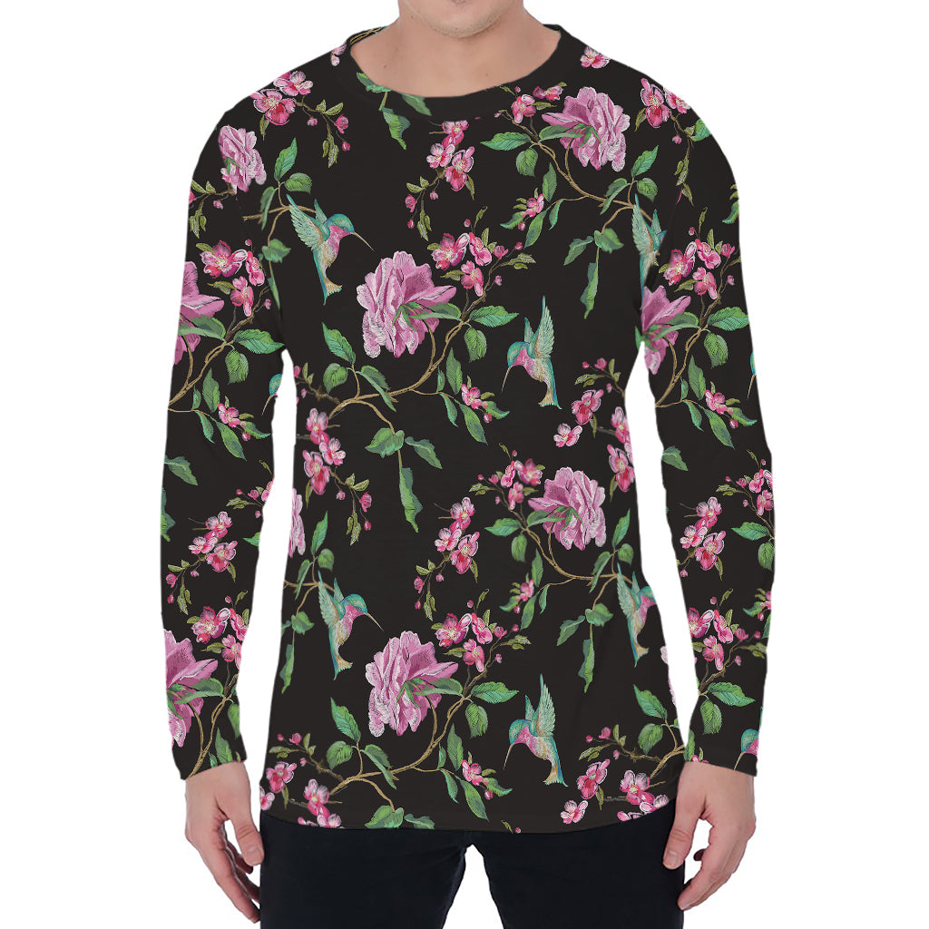 Vintage Floral Hummingbird Print Men's Long Sleeve T-Shirt