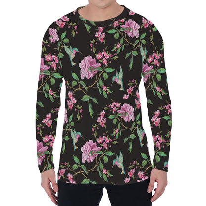Vintage Floral Hummingbird Print Men's Long Sleeve T-Shirt