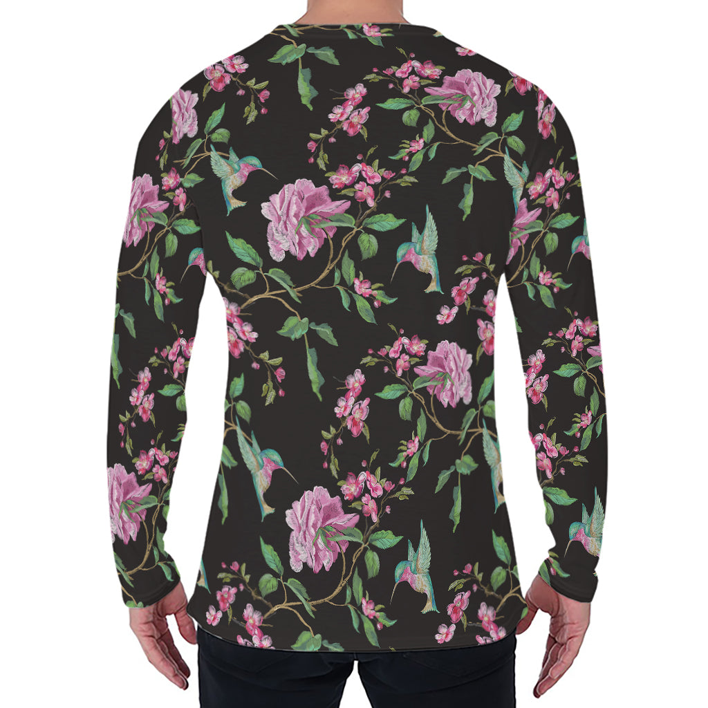 Vintage Floral Hummingbird Print Men's Long Sleeve T-Shirt