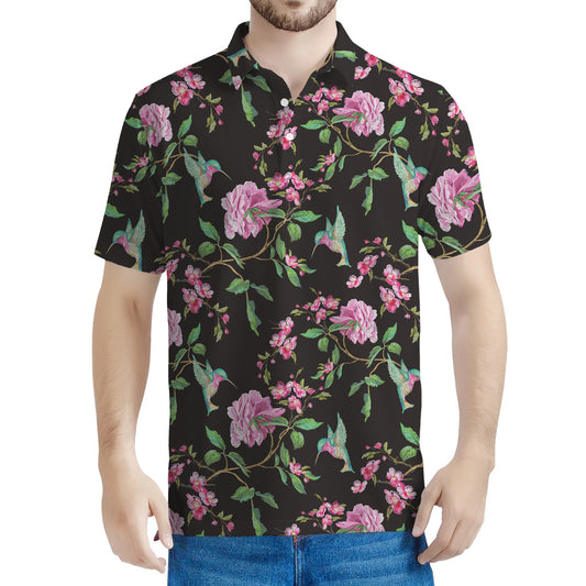 Vintage Floral Hummingbird Print Men's Polo Shirt