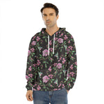 Vintage Floral Hummingbird Print Men's Velvet Pullover Hoodie