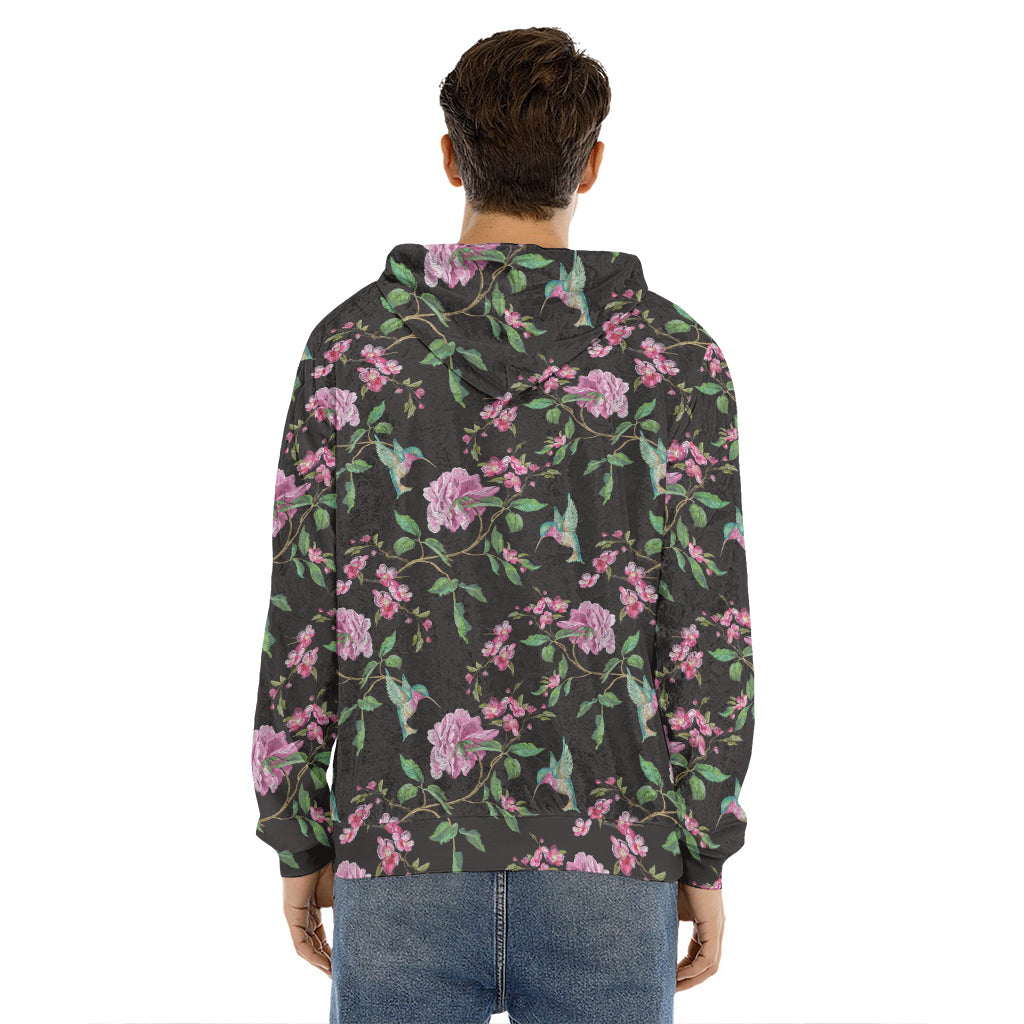 Vintage Floral Hummingbird Print Men's Velvet Pullover Hoodie