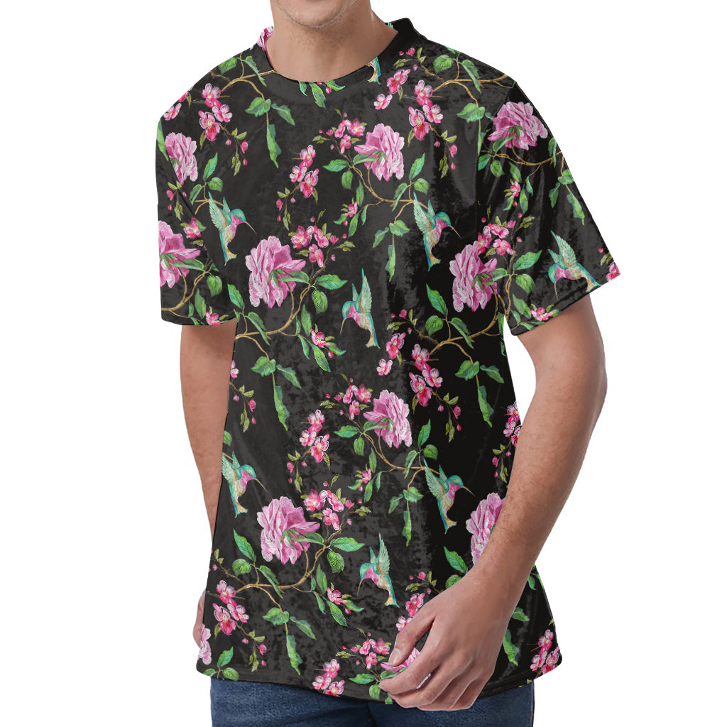 Vintage Floral Hummingbird Print Men's Velvet T-Shirt