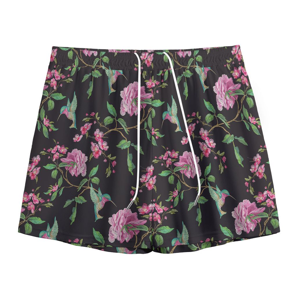 Vintage Floral Hummingbird Print Mesh Shorts