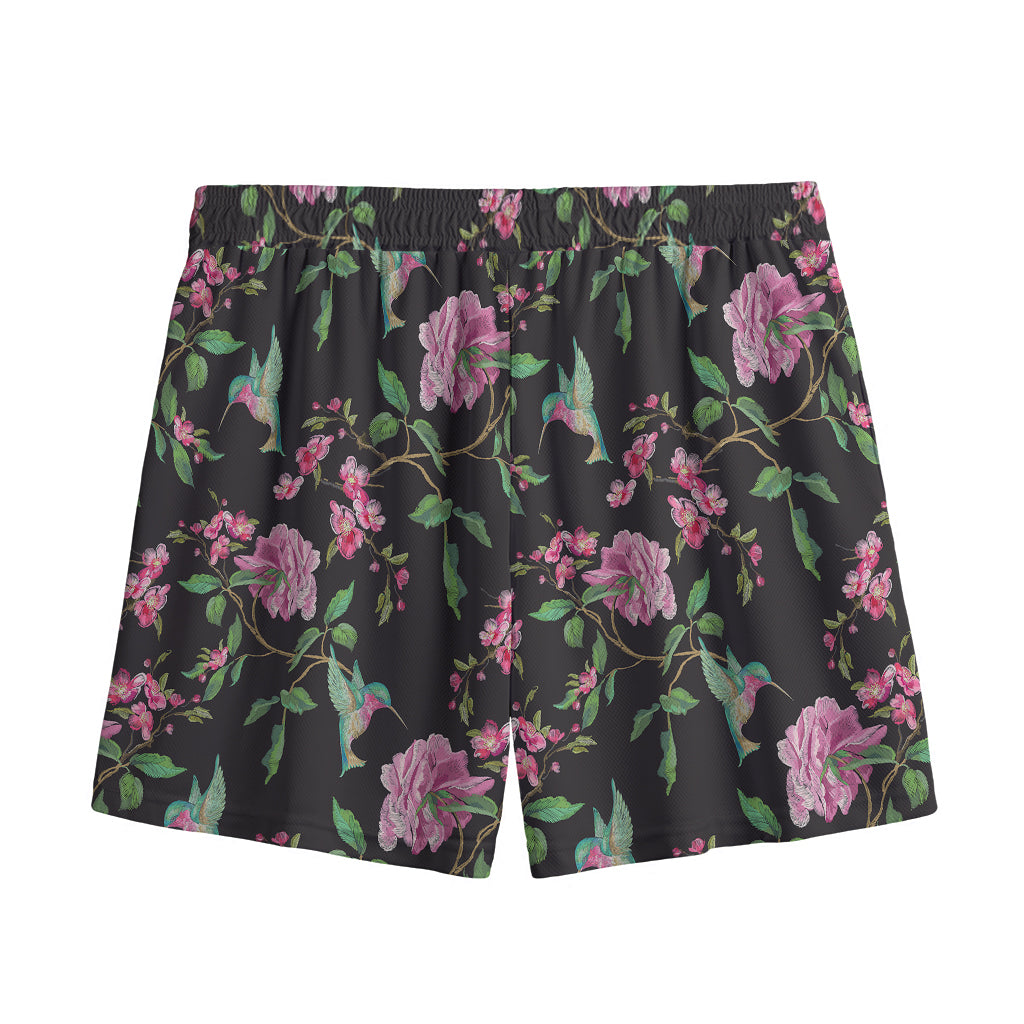 Vintage Floral Hummingbird Print Mesh Shorts