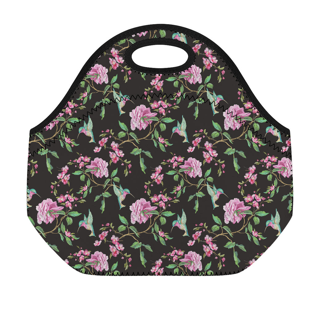 Vintage Floral Hummingbird Print Neoprene Lunch Bag