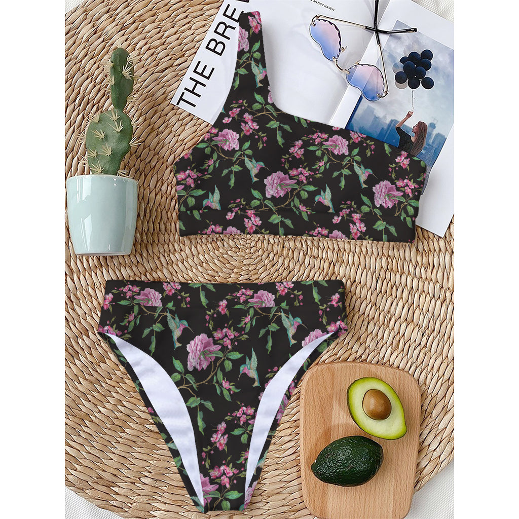 Vintage Floral Hummingbird Print One Shoulder Bikini Top