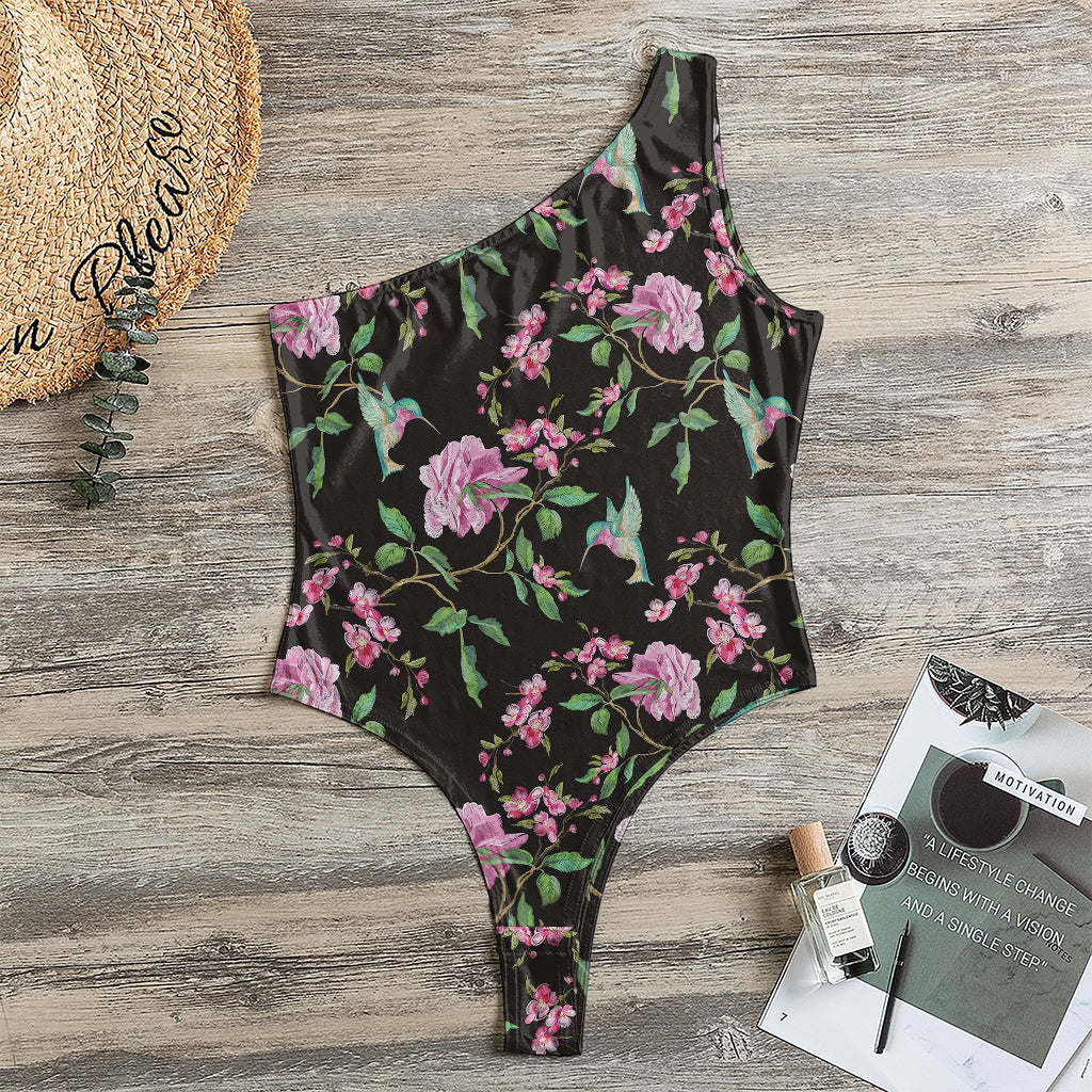 Vintage Floral Hummingbird Print One Shoulder Bodysuit