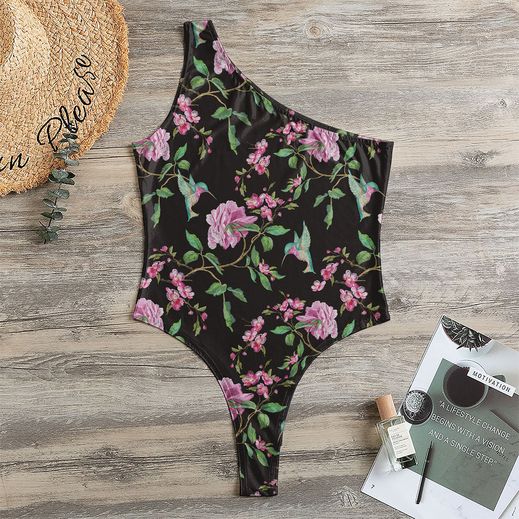 Vintage Floral Hummingbird Print One Shoulder Bodysuit
