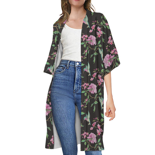 Vintage Floral Hummingbird Print Open Front Beach Cover Up