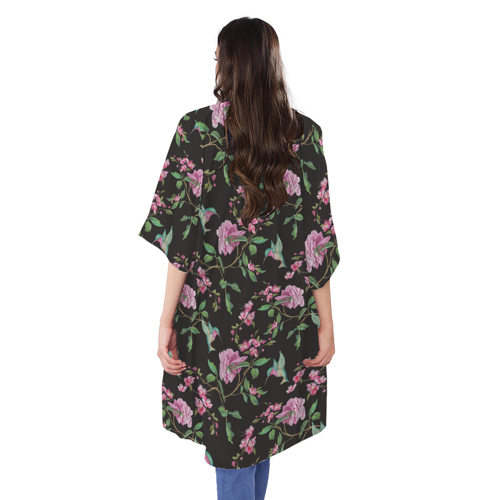 Vintage Floral Hummingbird Print Open Front Beach Cover Up
