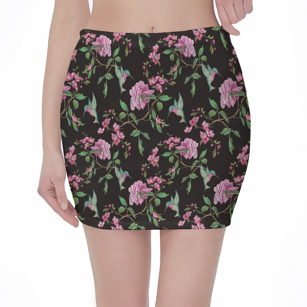 Vintage Floral Hummingbird Print Pencil Mini Skirt