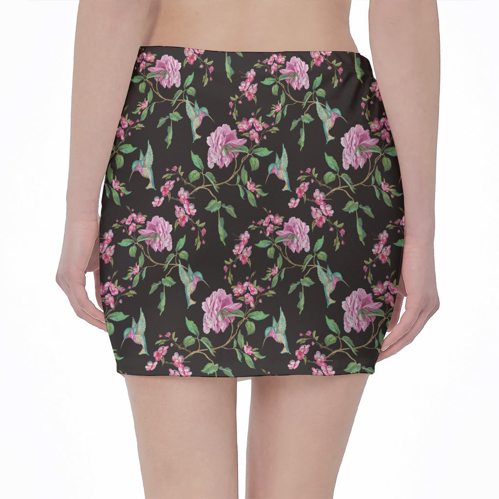 Vintage Floral Hummingbird Print Pencil Mini Skirt