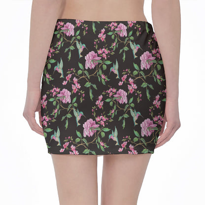 Vintage Floral Hummingbird Print Pencil Mini Skirt