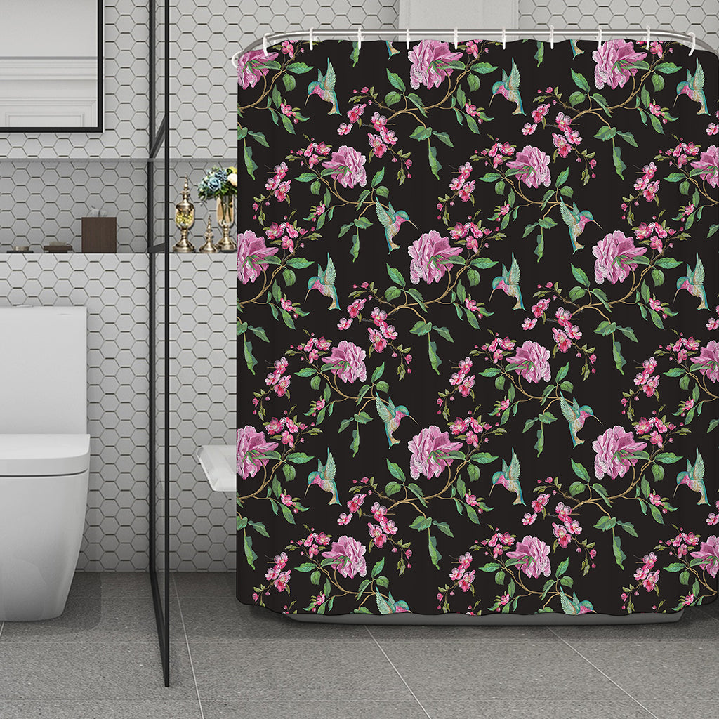 Vintage Floral Hummingbird Print Polyester Shower Curtain