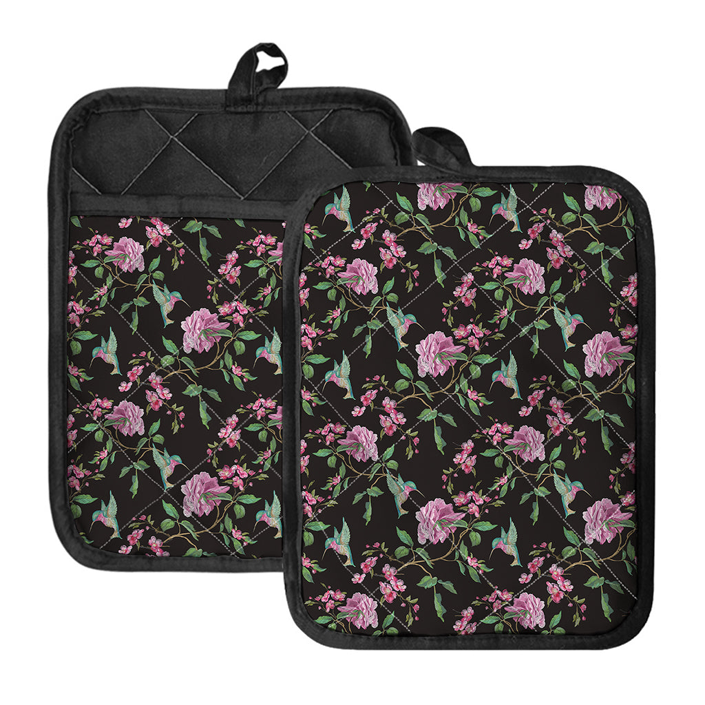 Vintage Floral Hummingbird Print Pot Holders With Pocket