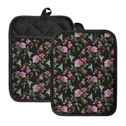 Vintage Floral Hummingbird Print Pot Holders With Pocket