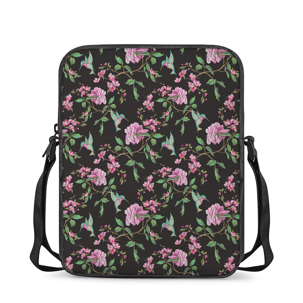 Vintage Floral Hummingbird Print Rectangular Crossbody Bag