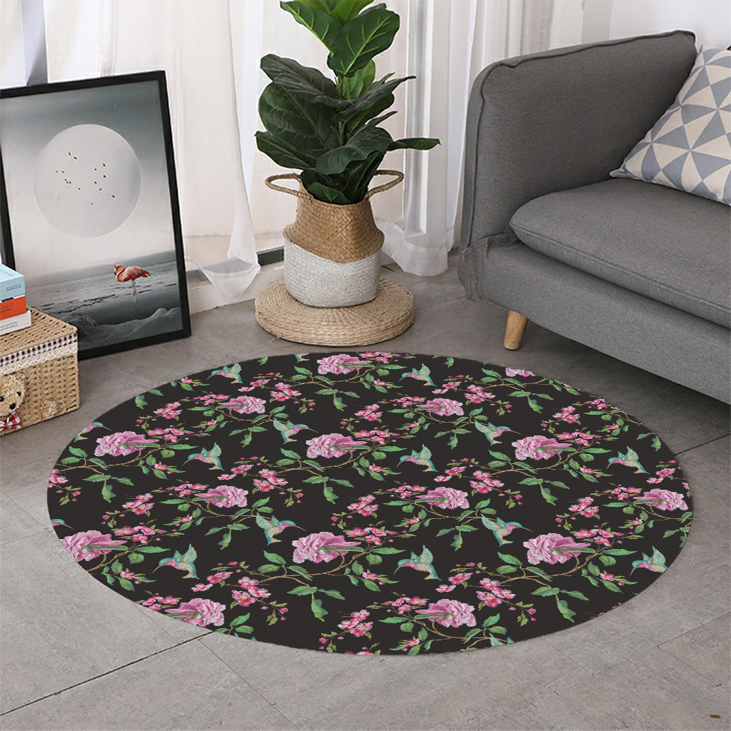Vintage Floral Hummingbird Print Round Rug