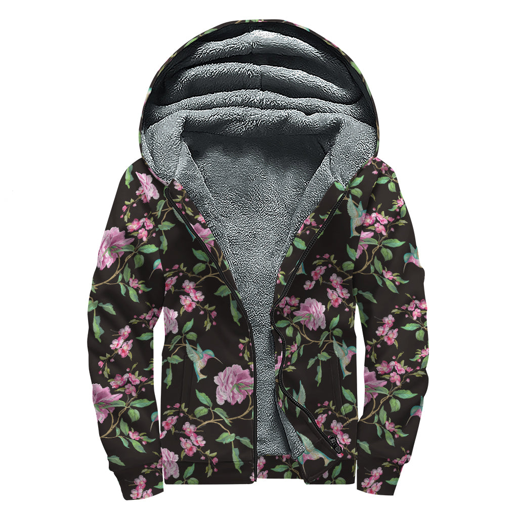 Vintage Floral Hummingbird Print Sherpa Lined Zip Up Hoodie